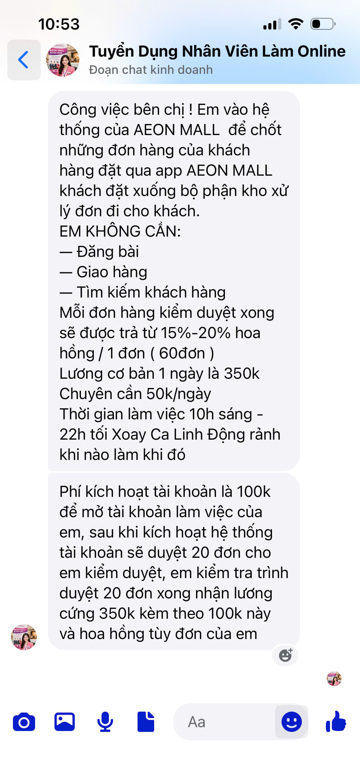 Nội dung tin nhắn trao đổi với trang tuyển dụng