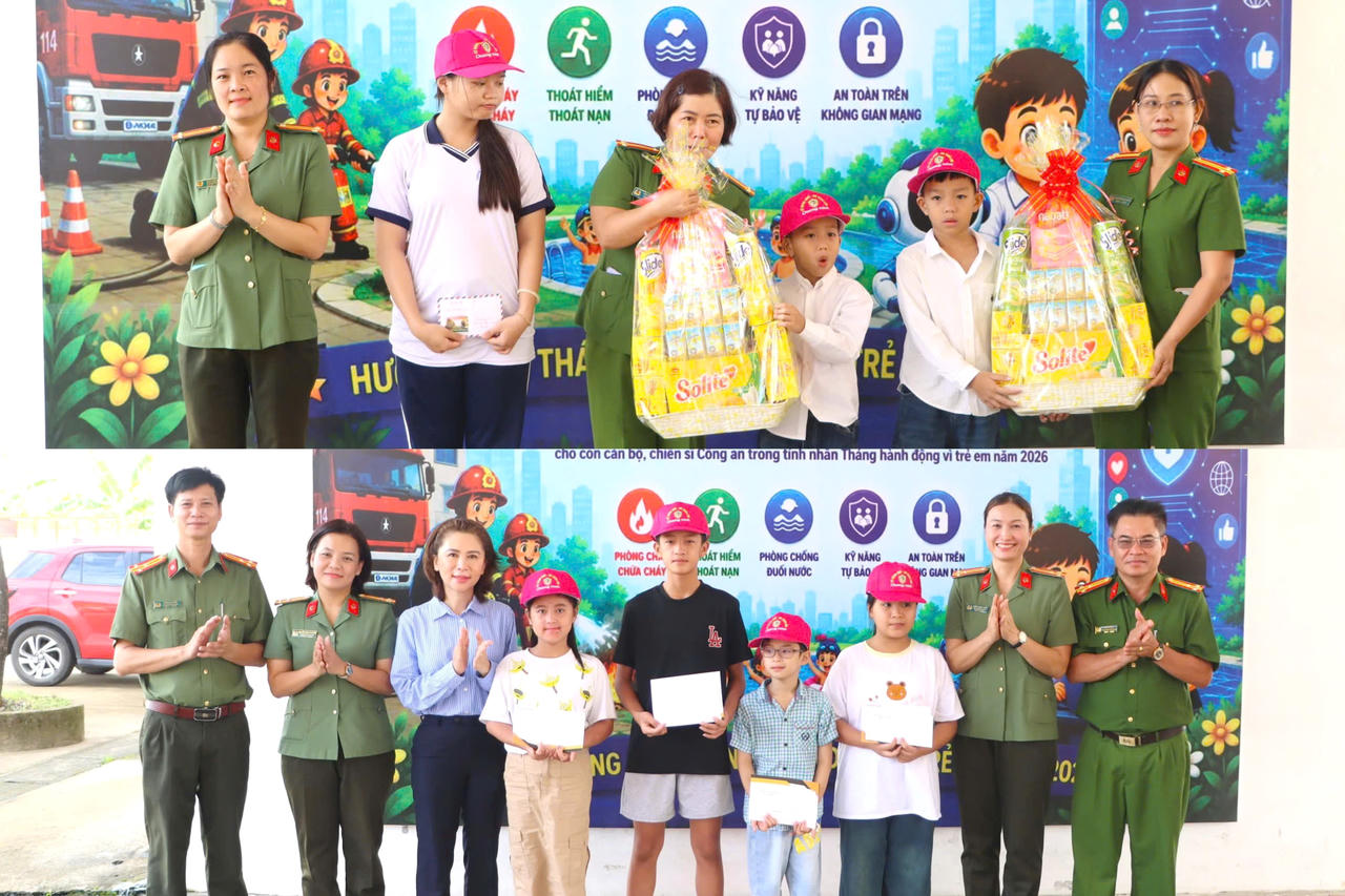 Đại diện Ban Tổ chức trao quà cho các em nhỏ được nhận đỡ đầu trong chương trình “Mẹ đỡ đầu” của Hội Phụ nữ Công an tỉnh Cà Mau.