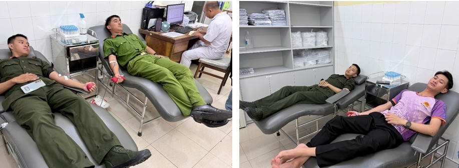 Hình ảnh cán bộ, chiến sĩ hiến máu, kịp thời cứu bệnh nhân qua cơn nguy kịch.