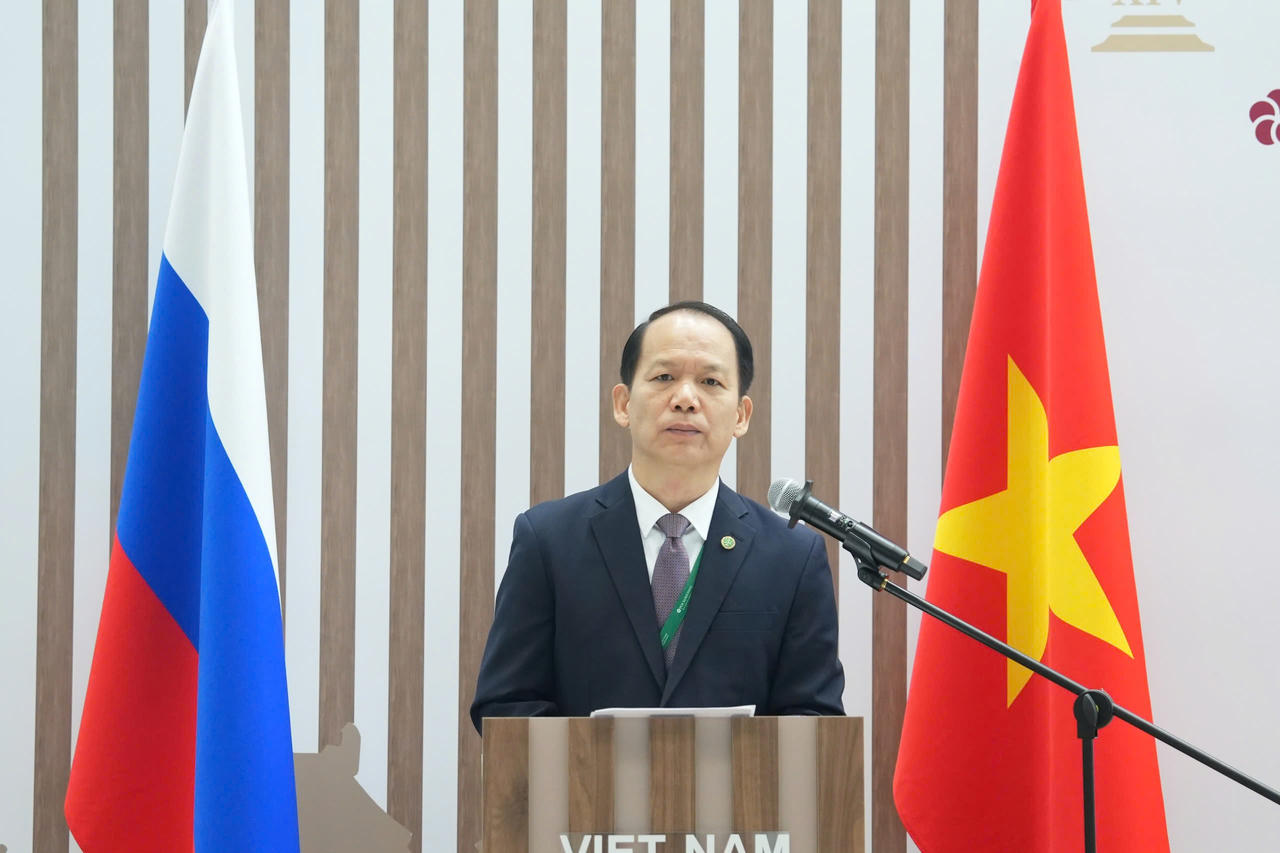 Bộ trưởng Bộ Tư pháp Hoàng Thanh Tùng phát biểu khai mạc Gian trưng bày Việt Nam tại Diễn đàn pháp lý quốc tế Saint Petersburg lần thứ XIV,