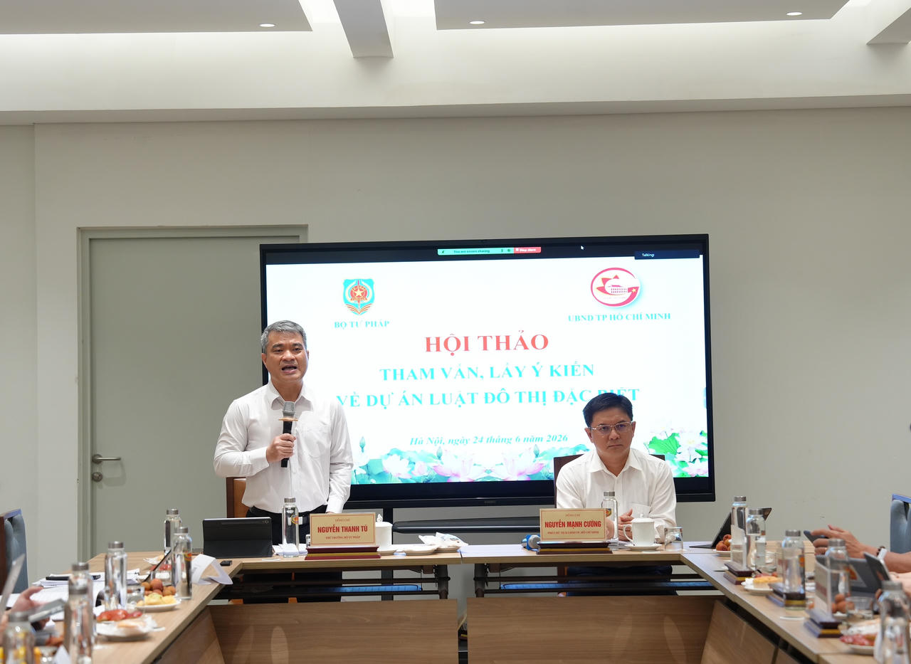 Thứ trưởng Bộ Tư pháp Nguyễn Thanh Tú phát biểu tại Hội thảo.