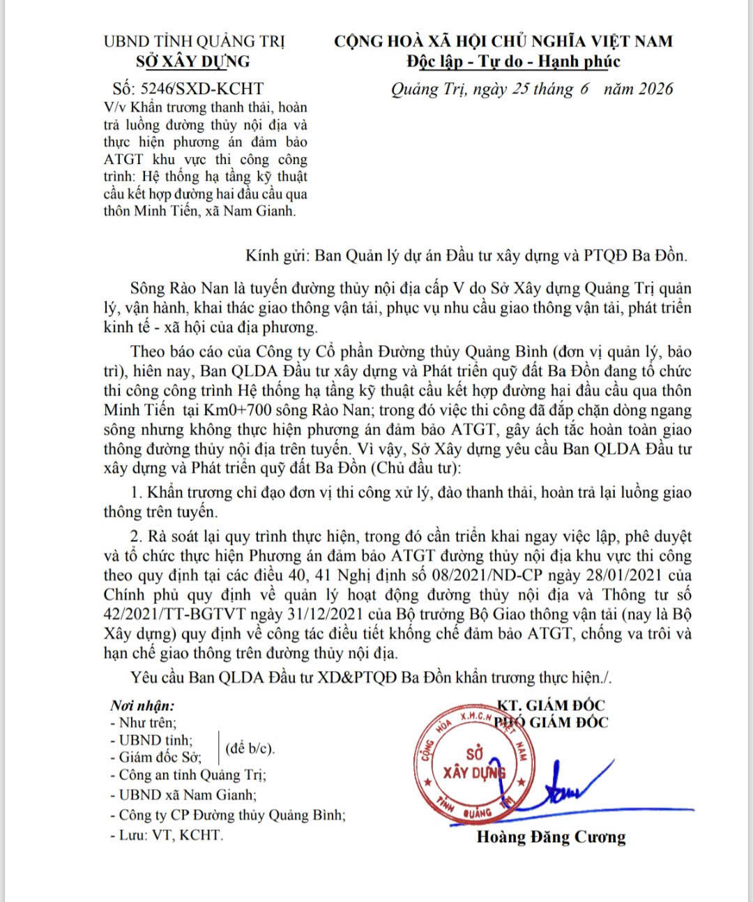 Sở Xây dựng tỉnh Quảng Trị yêu cầu chủ đầu tư khẩn trương hoàn trả luồng giao thông đường thủy trên sông Rào Nan.