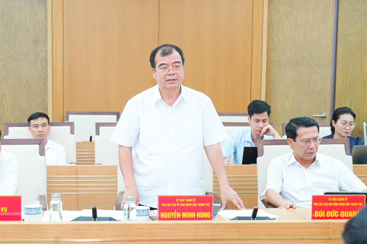 Phó Chủ tịch UBND thành phố Nguyễn Minh Hùng phát biểu tại hội nghị. 