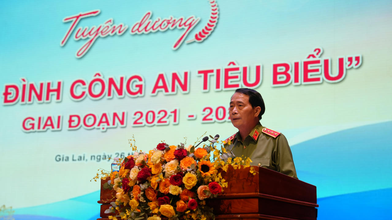 Thượng tướng Lê Quốc Hùng, Ủy viên Trung ương Đảng, Thứ trưởng Bộ Công an phát biểu tại Lễ tuyên dương.