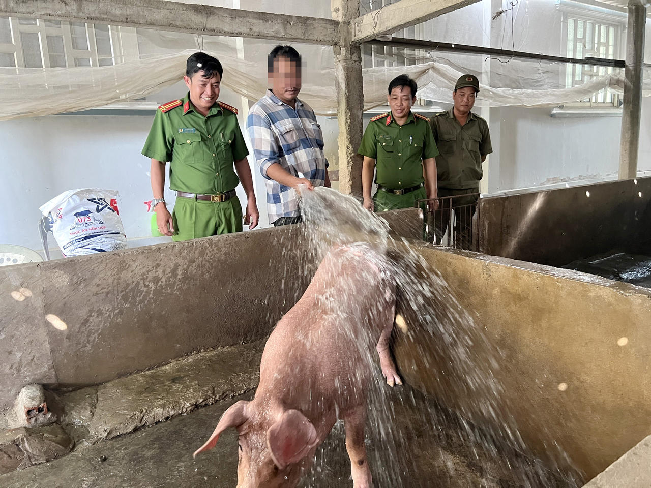 Công an xã Vĩnh Mỹ cùng lực lượng tham gia bảo vệ ANTT ở cơ sở tham quan mô hình chăn nuôi heo mang lại hiệu quả kinh tế của anh Nguyễn Văn L.E.