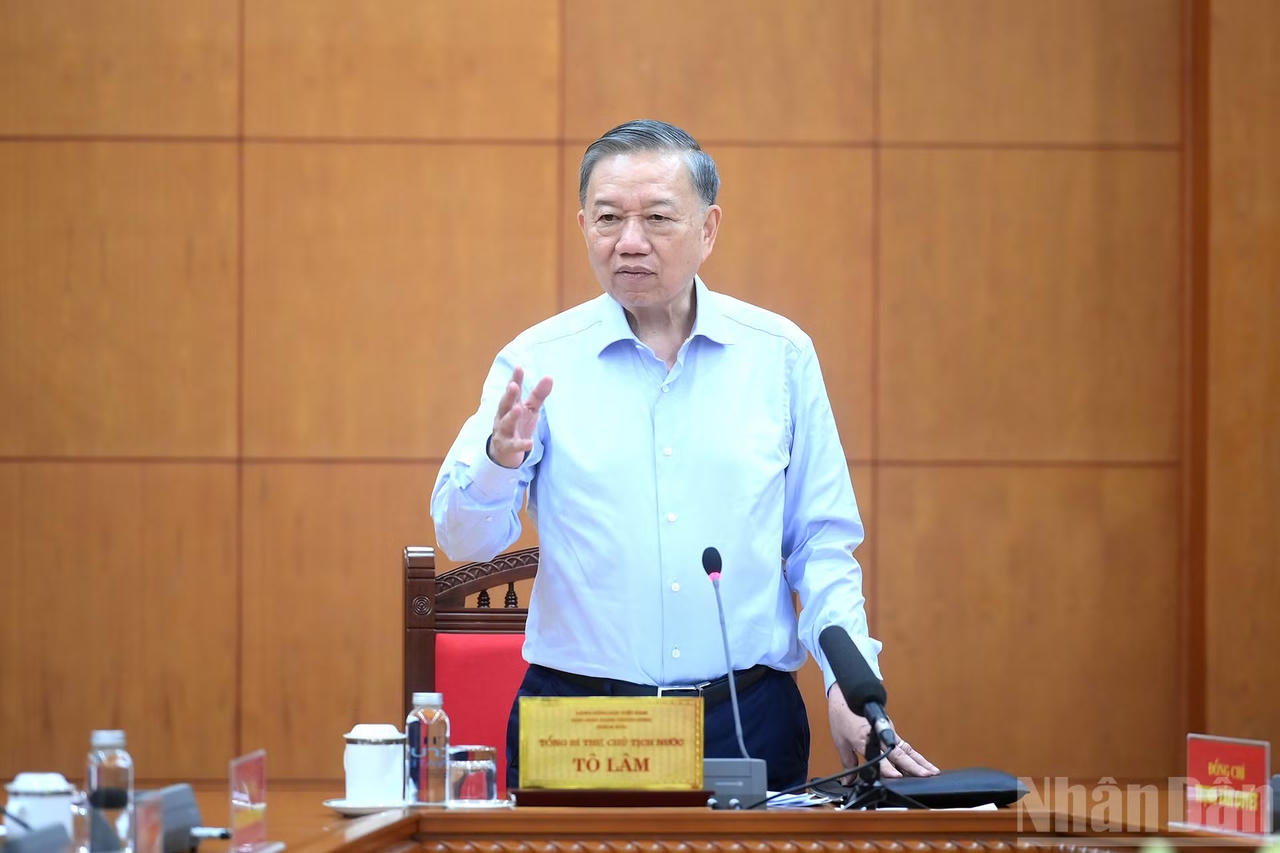 Tổng Bí thư, Chủ tịch nước Tô Lâm phát biểu kết luận tại cuộc làm việc. (Ảnh: nhandan.vn)