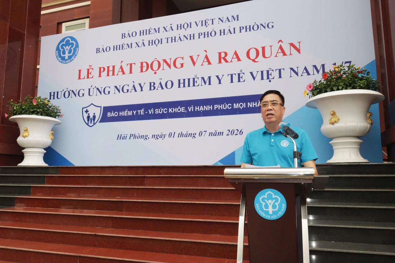 Ông&nbsp;Vũ Đức Khiên, Phó Giám đốc BHXH thành phố Hải Phòng phát biểu tại Lễ phát động.