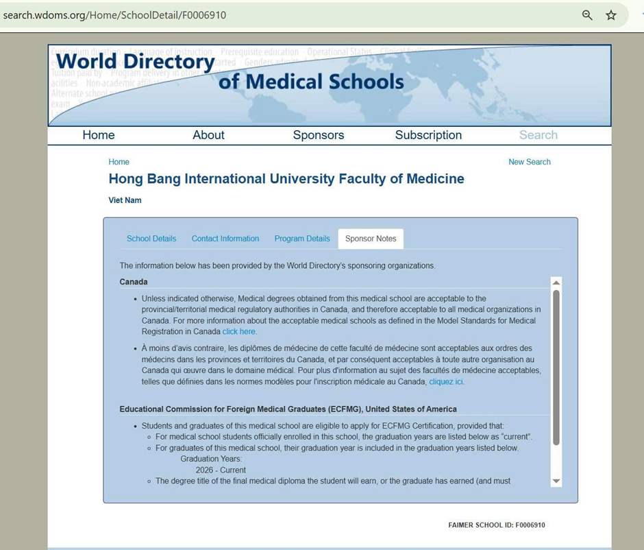 Thông tin Sponsor Notes của HIU trên World Directory of Medical Schools.