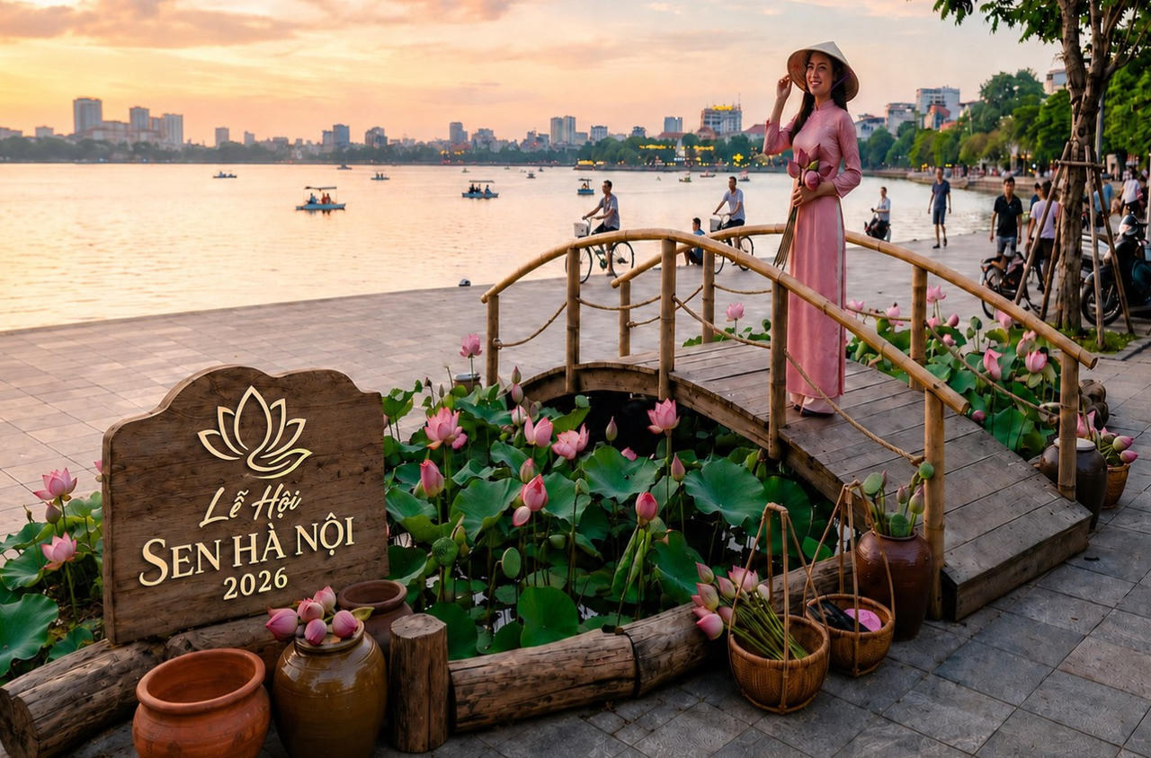 Không gian mang tên Bản hòa ca rực rỡ tại Lễ hội Sen 2026 được nhiều du khách tới trải nghiệm, tham quan, checkin (Ảnh: Bảo Trâm).