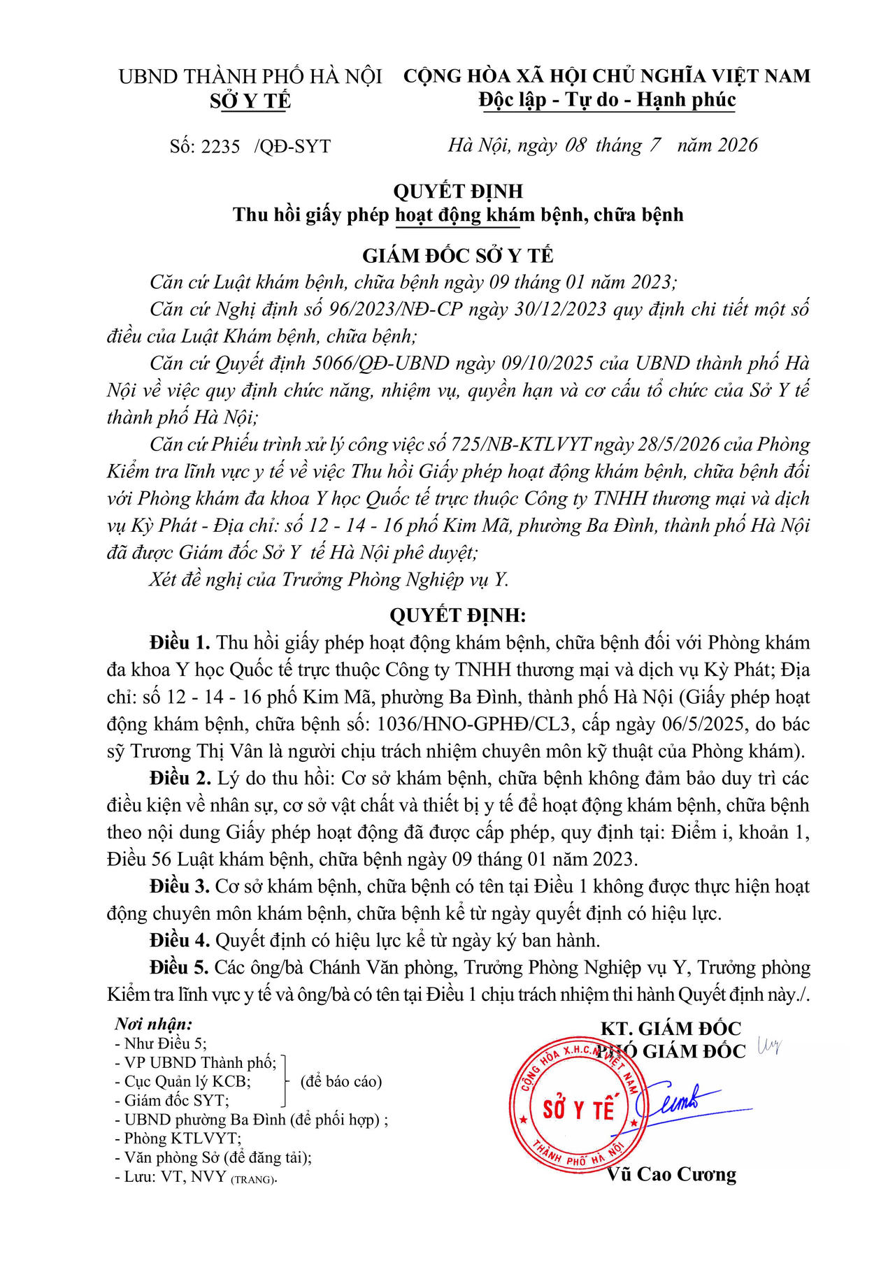 Thu hồi giấy phép hoạt động khám bệnh, chữa bệnh đối với Phòng khám đa khoa Y học Quốc tế 