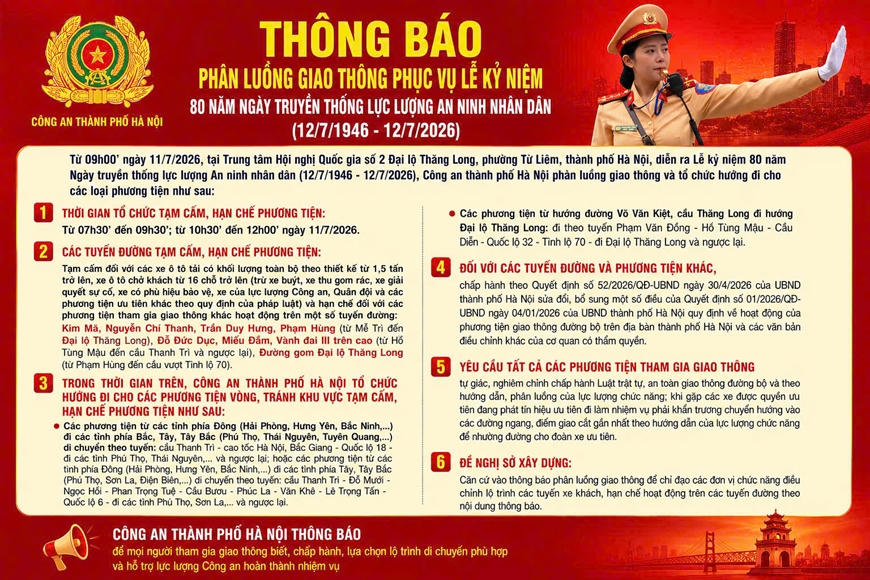 Hà Nội: Phân luồng giao thông phục vụ Lễ kỷ niệm Ngày truyền thống lực lượng An ninh nhân dân