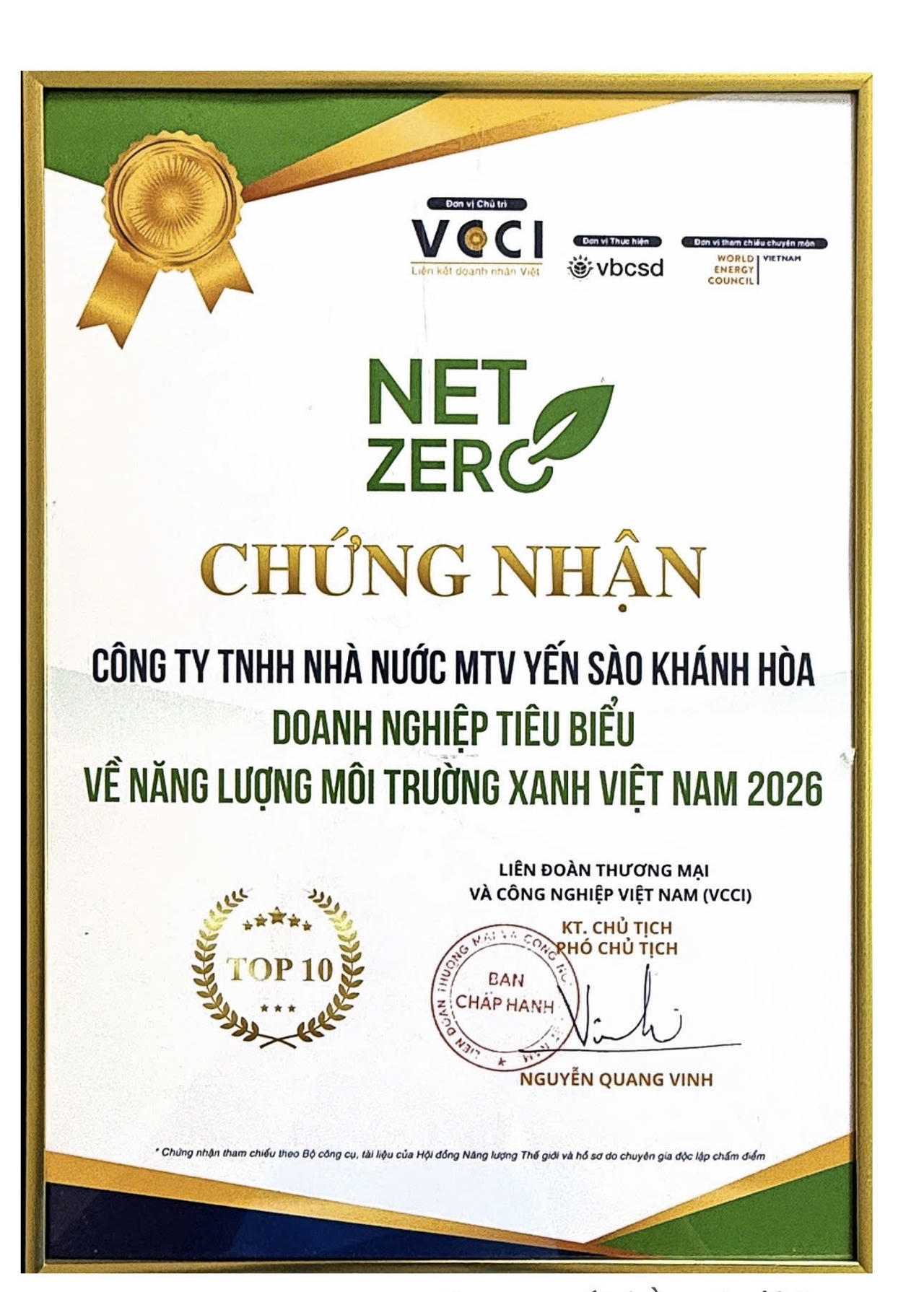 Yến sào Khánh Hòa được vinh danh là doanh nghiệp tiêu biểu về năng lượng môi trường xanh Việt Nam