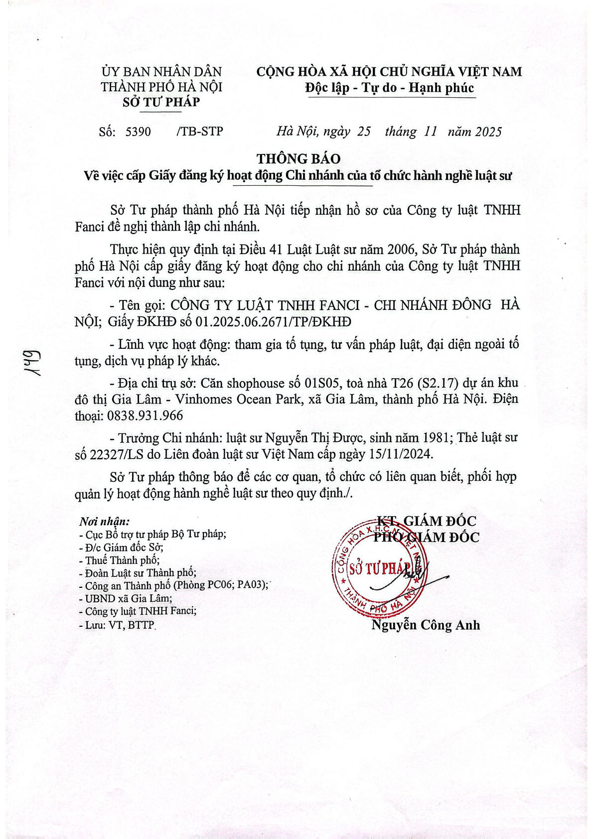 Công ty Luật TNHH FANCI thông báo thành lập Chi nhánh