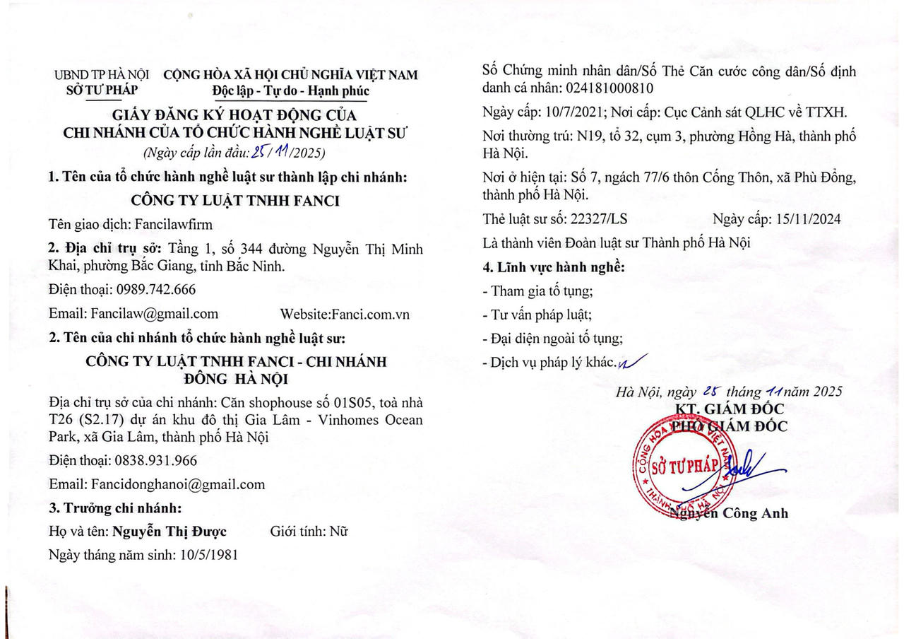 Công ty Luật TNHH FANCI thông báo thành lập Chi nhánh