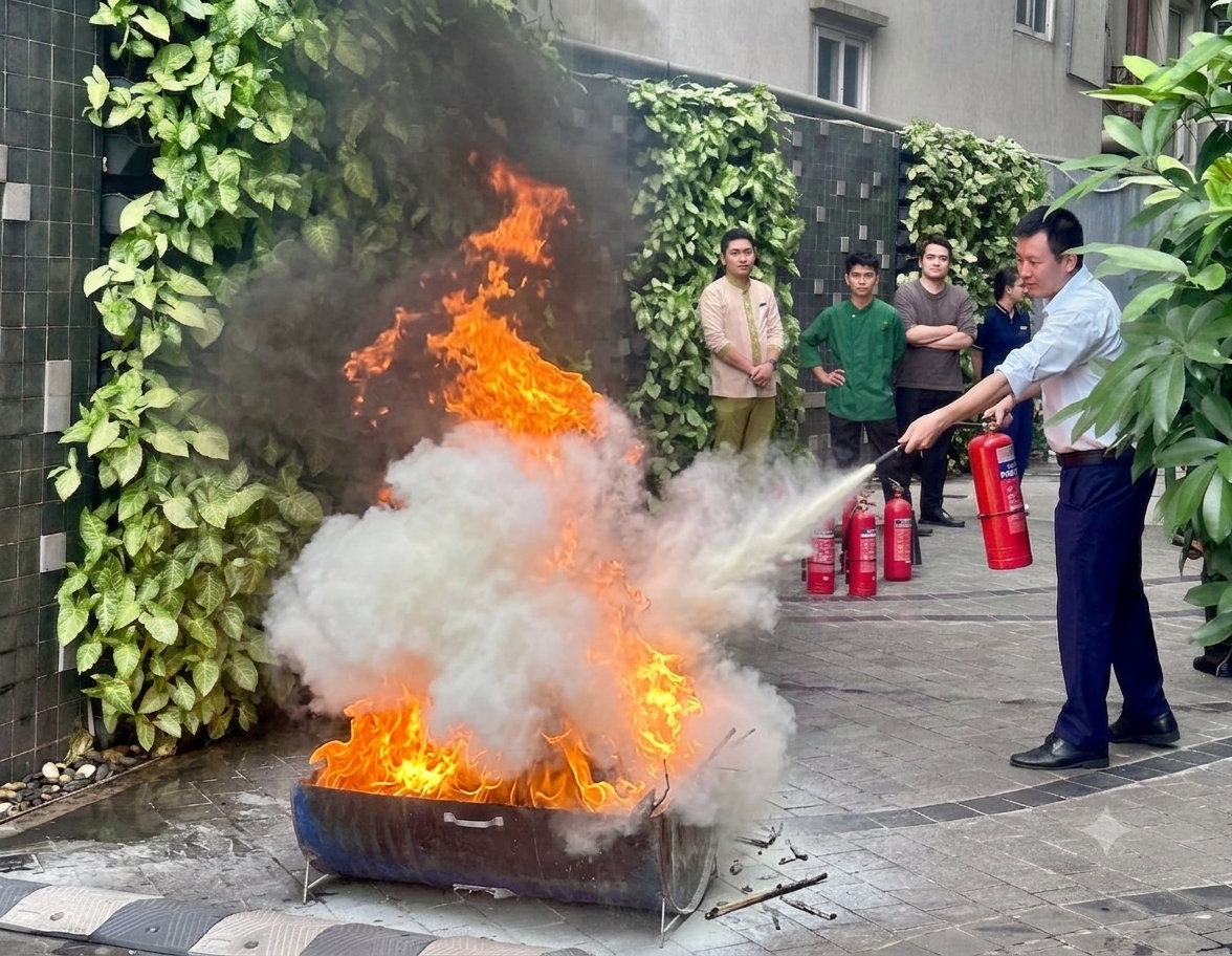 Cán bộ, nhân viên thực hành sử dụng bình chữa cháy xách tay.