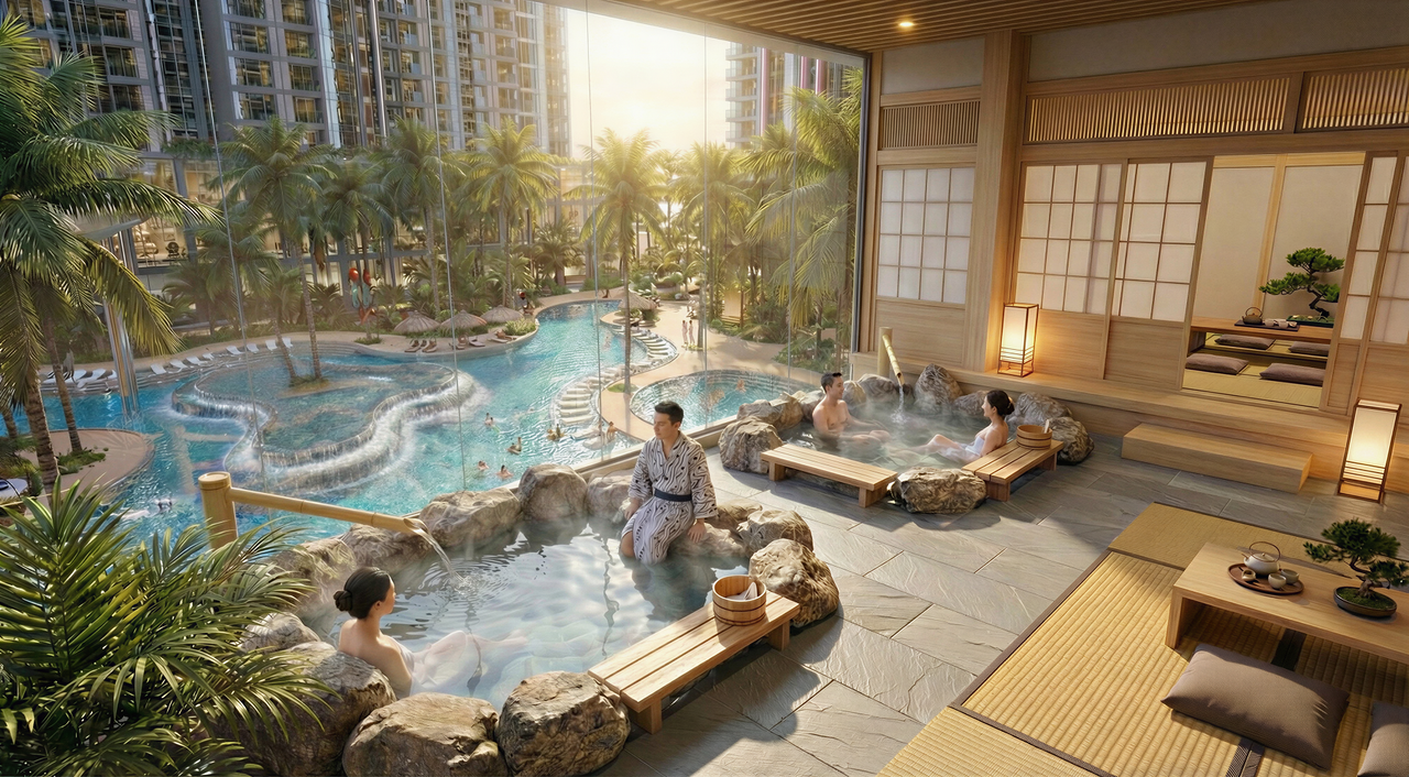 Nguồn khoáng nóng tự nhiên hiếm có bên sông Hồng được dẫn thẳng tới bể khoáng Jacuzzi tại tầng 3 của các tòa tháp.