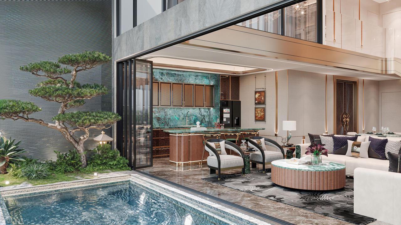 Sky Villas sở hữu bể bơi và vườn riêng với tầm nhìn thoáng rộng, đem lại những phút giây thư giãn dễ chịu