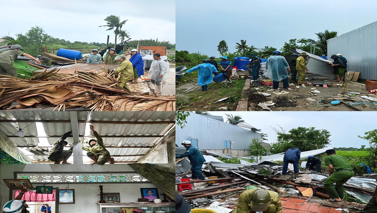 Công an xã Khánh Bình khẩn trương cứu hộ, hỗ trợ người dân khắc phục hậu quả sau trận giông lốc làm nhiều nhà dân bị sập, tốc mái (Ảnh: Trọng Nguyễn).