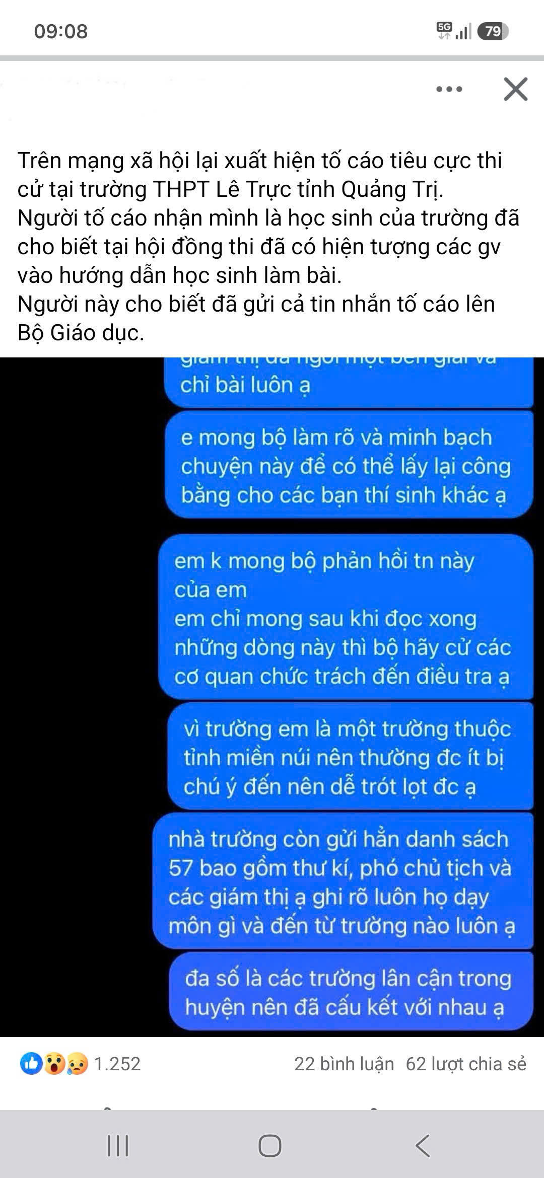 Hình ảnh chụp nội dung phản ánh nghi vấn tiêu cực tại điểm thi Trường THPT Lê Trực được chia sẻ trên mạng xã hội.