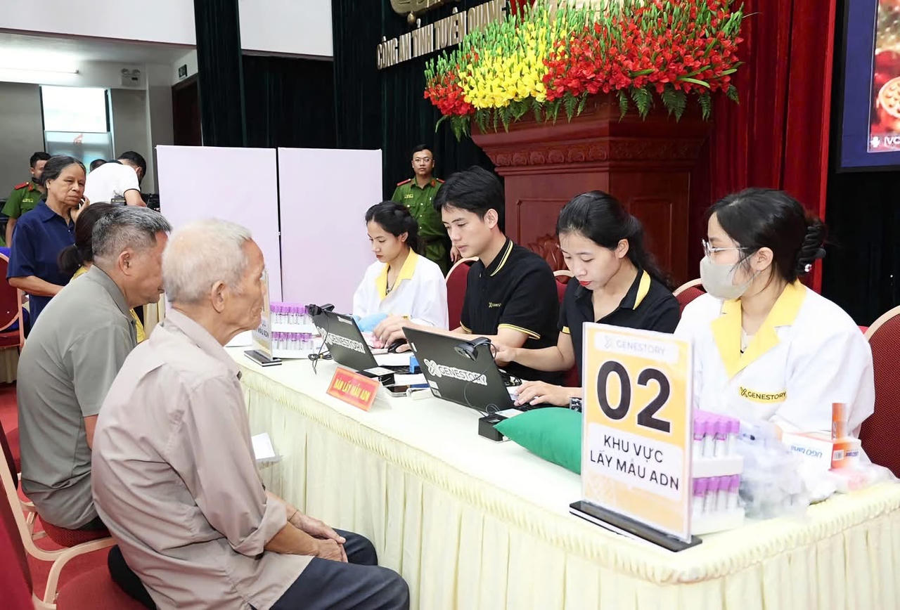 Lực lượng y tế thực hiện lấy mẫu ADN thân nhân liệt sĩ tại điểm thu mẫu Công an tỉnh Tuyên Quang.(CATQ)