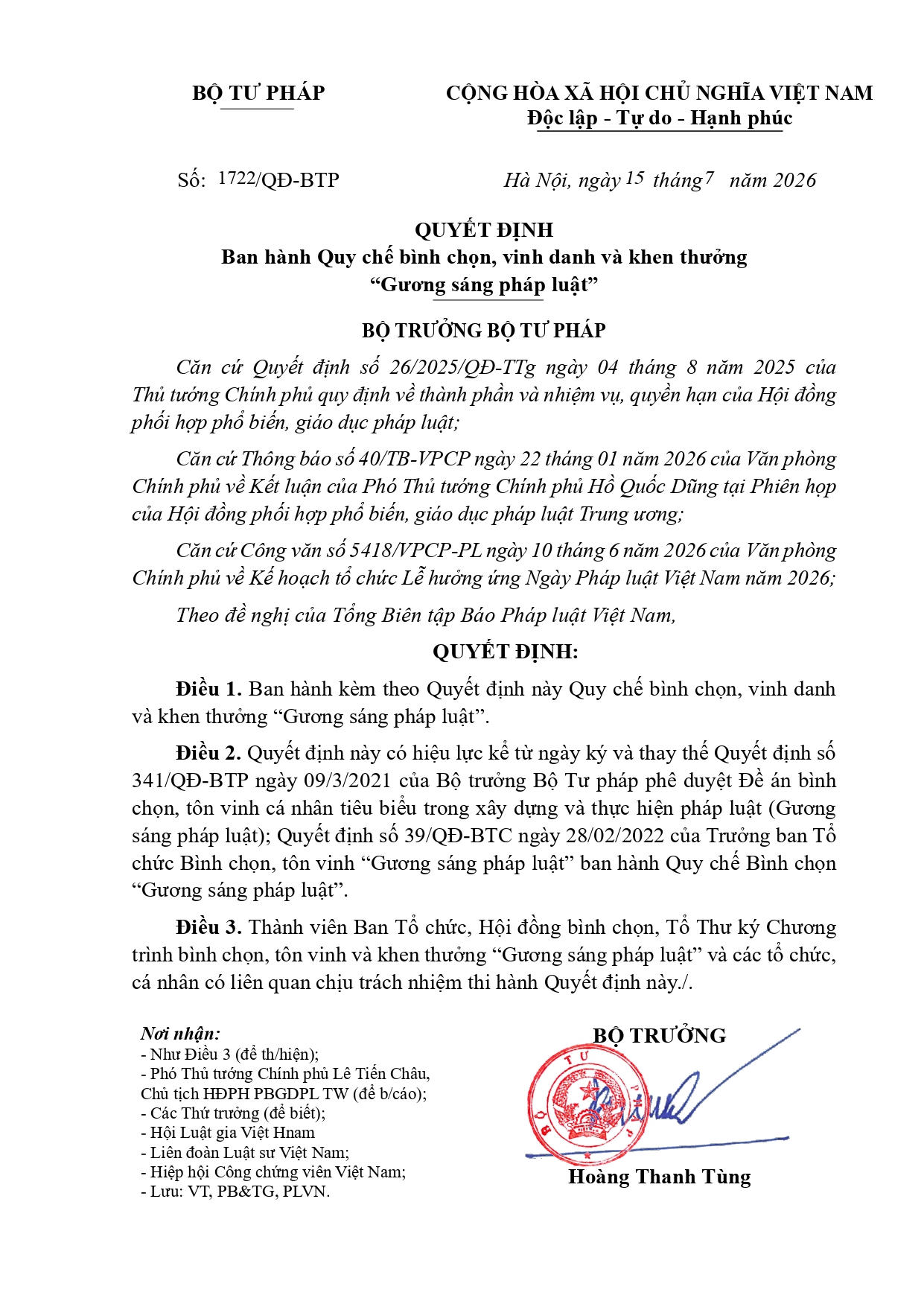 Quy chế bình chọn, vinh danh và khen thưởng “Gương sáng Pháp luật” năm 2026