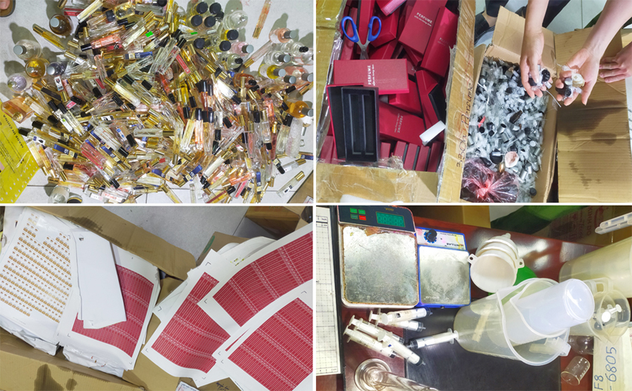 Các loại vật tư, phương tiện các đối tượng sử dụng để sản xuất, sang chiết nước hoa giả. (Ảnh: Bộ Công an)