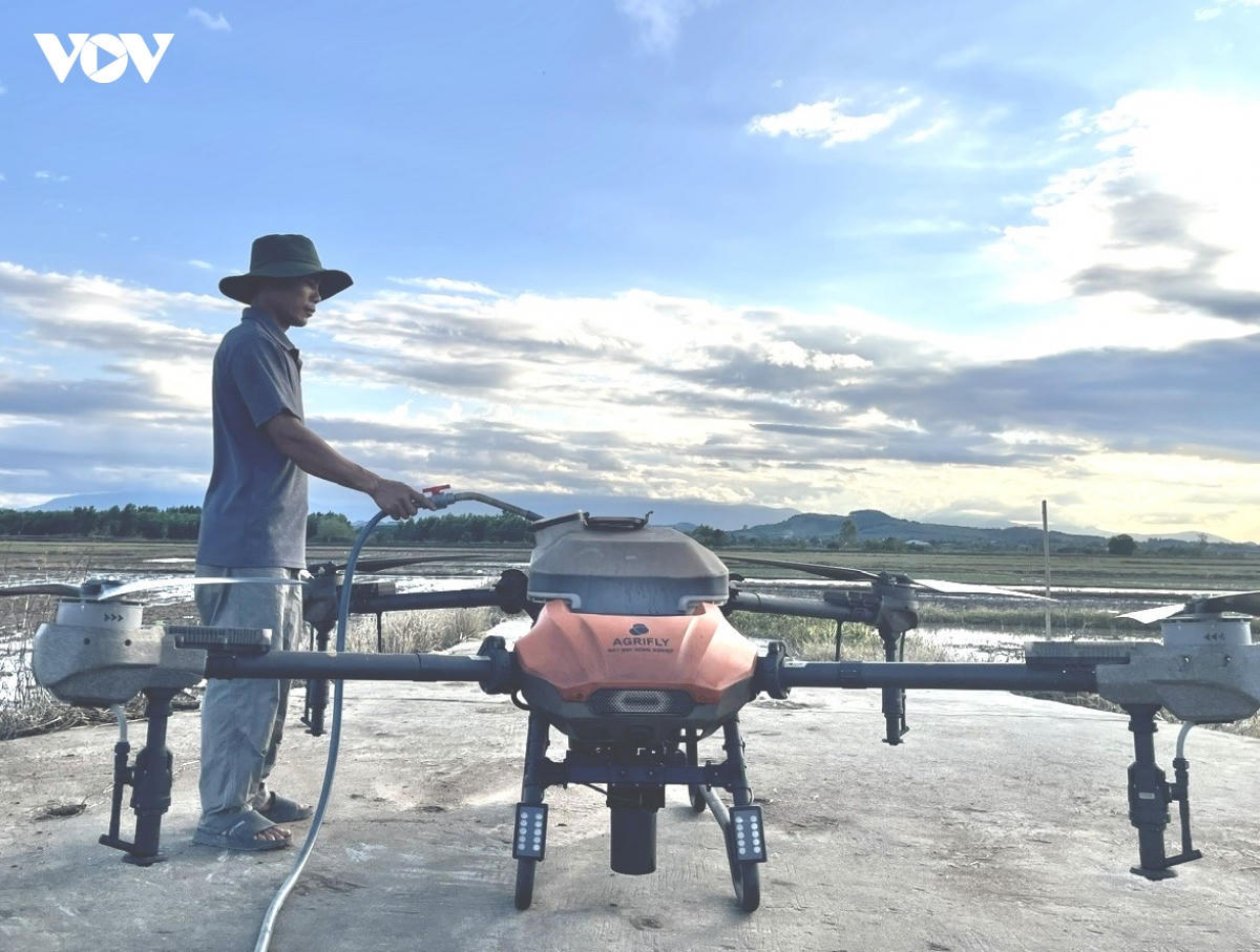 Người nông dân sử dụng drone để chăm sóc cây trồng. (Ảnh: VOV)