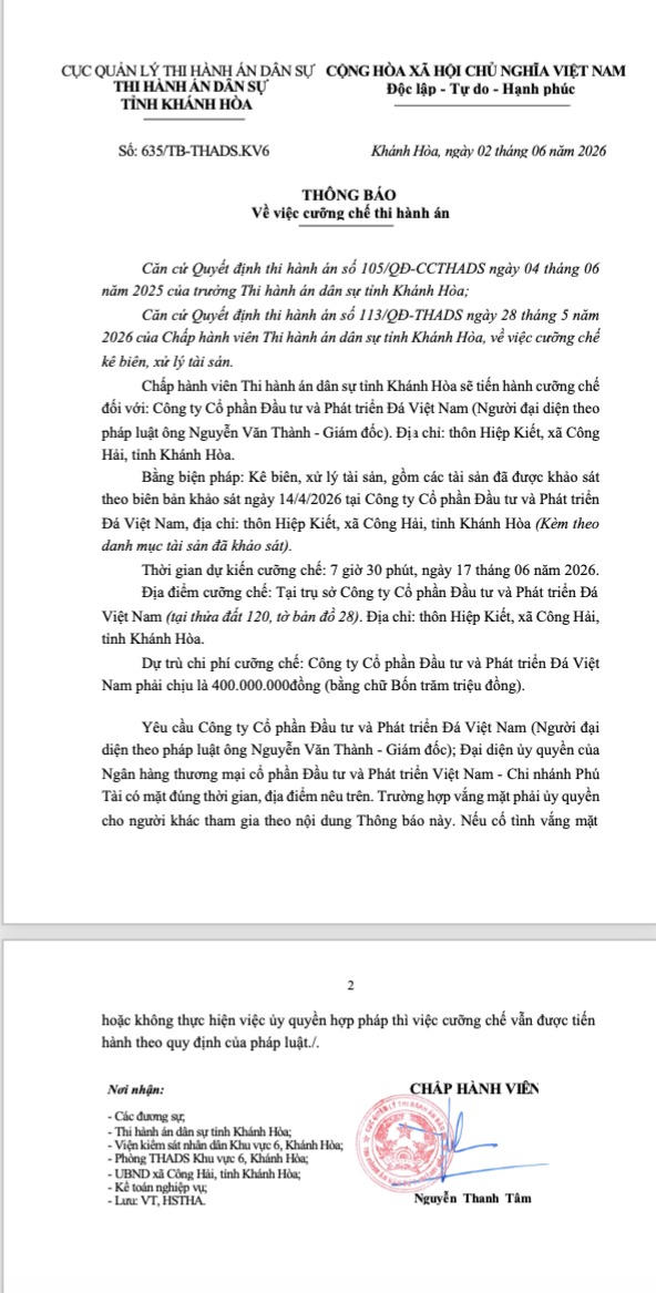 Thông báo về việc cưỡng chế thi hành án
