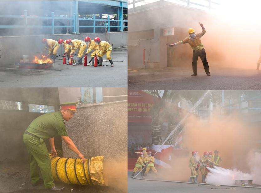 Các lực lượng phối hợp triển khai chữa cháy, đồng thời sử dụng các biện pháp giảm khói tại khu vực xảy ra cháy (Ảnh: Ban tổ chức).