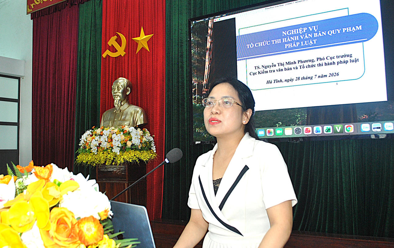 Tiến sĩ Nguyễn Thị Minh Phương-Phó Cục trưởng Cục Kiểm tra văn bản và Tổ chức thi hành pháp luật (Bộ Tư pháp) trực tiếp truyền đạt những nội dung chuyên sâu về kỹ năng tổ chức thi hành pháp luật.