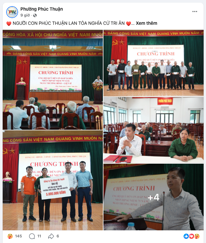 Fanpage của UBND phường Phúc Thuận, tỉnh Thái Nguyên đăng ảnh cám ơn Nguyễn Thị Tuyết và công ty.