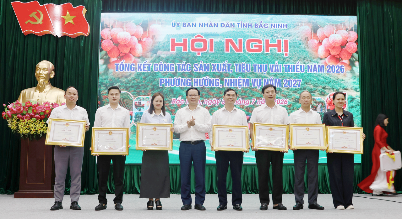 Ông Phạm Văn Thịnh, Phó Chủ tịch UBND tỉnh Bắc Ninh trao Bằng khen cho các tập thể có thành tích xuất sắc trong công tác sản xuất, tiêu thụ vải thiều năm 2026 (Ảnh: Hoàng Phương)