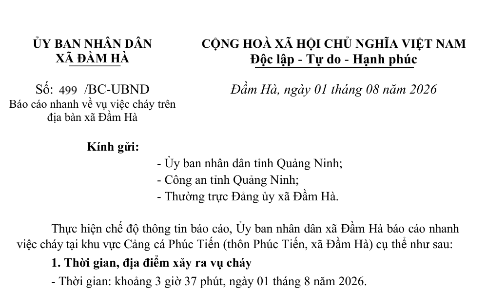 Báo cáo nhanh của UBND xã Đầm Hà.