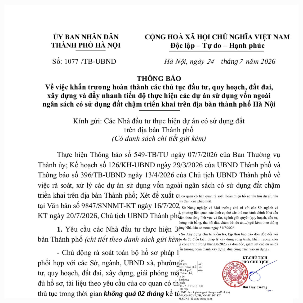 Thông báo 1077/TB-UBND ngày 24/7/2026 của UBND thành phố Hà Nội.
