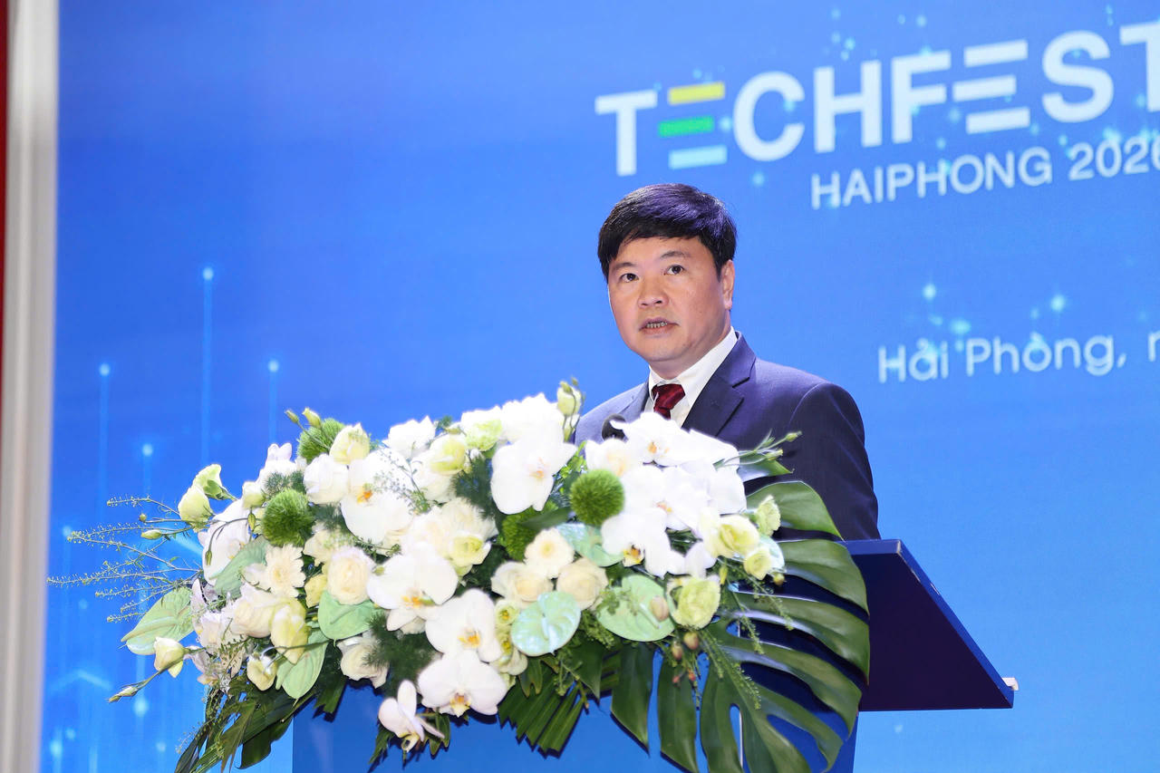 Phó Chủ tịch UBND TP Hải Phòng Hoàng Minh Cường phát biểu tại lễ khai mạc Techfest Hải Phòng 2026. ảnh TL
