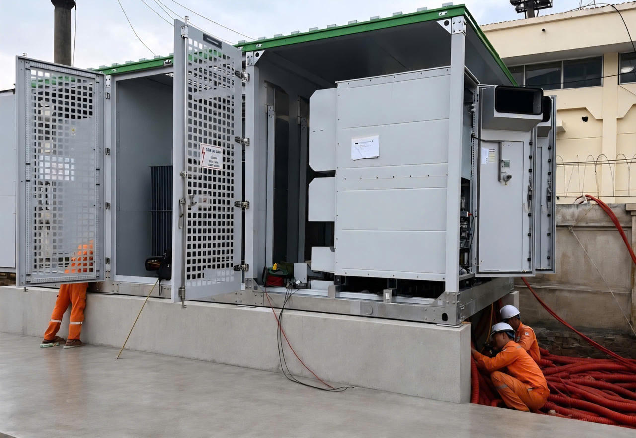 Đội ngũ kỹ thuật của EVNNPC thực hiện đấu nối, hoàn thiện BESS đầu tiên.