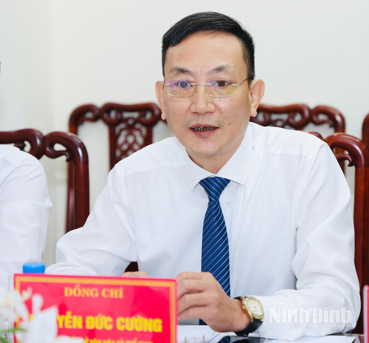 Ông Nguyễn Đức Cường, Phó Giám đốc Sở Văn hoá và Thể thao phát biểu tại buổi làm việc. (Ảnh:Trần Thoan - Đức Lam/ Báo Ninh Bình)