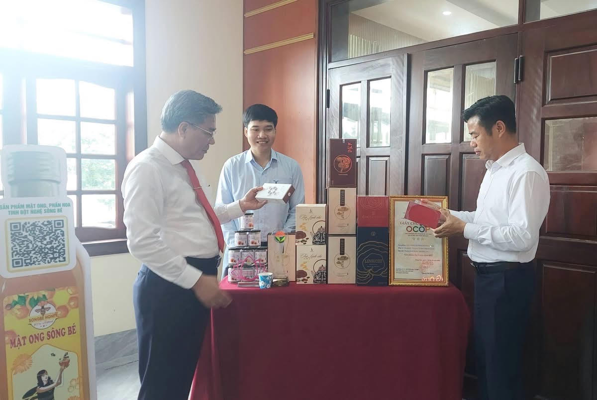 Các đại biểu tham quan gian trưng bày các sản phẩm OCOP tại hội nghị. Ảnh: Tiến Dũng