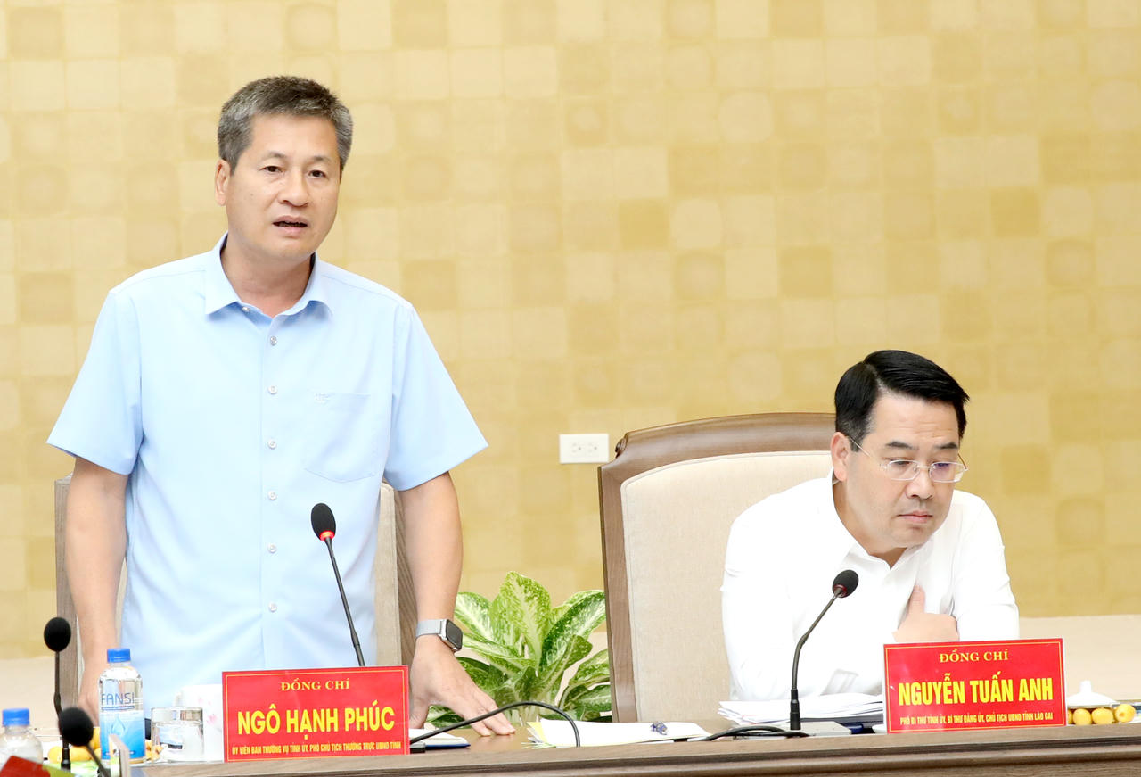 Phó Chủ tịch Thường trực UBND tỉnh Lào Cai Ngô Hạnh Phúc phát biểu tại Hội nghị.Ảnh: laocai.gov.vn