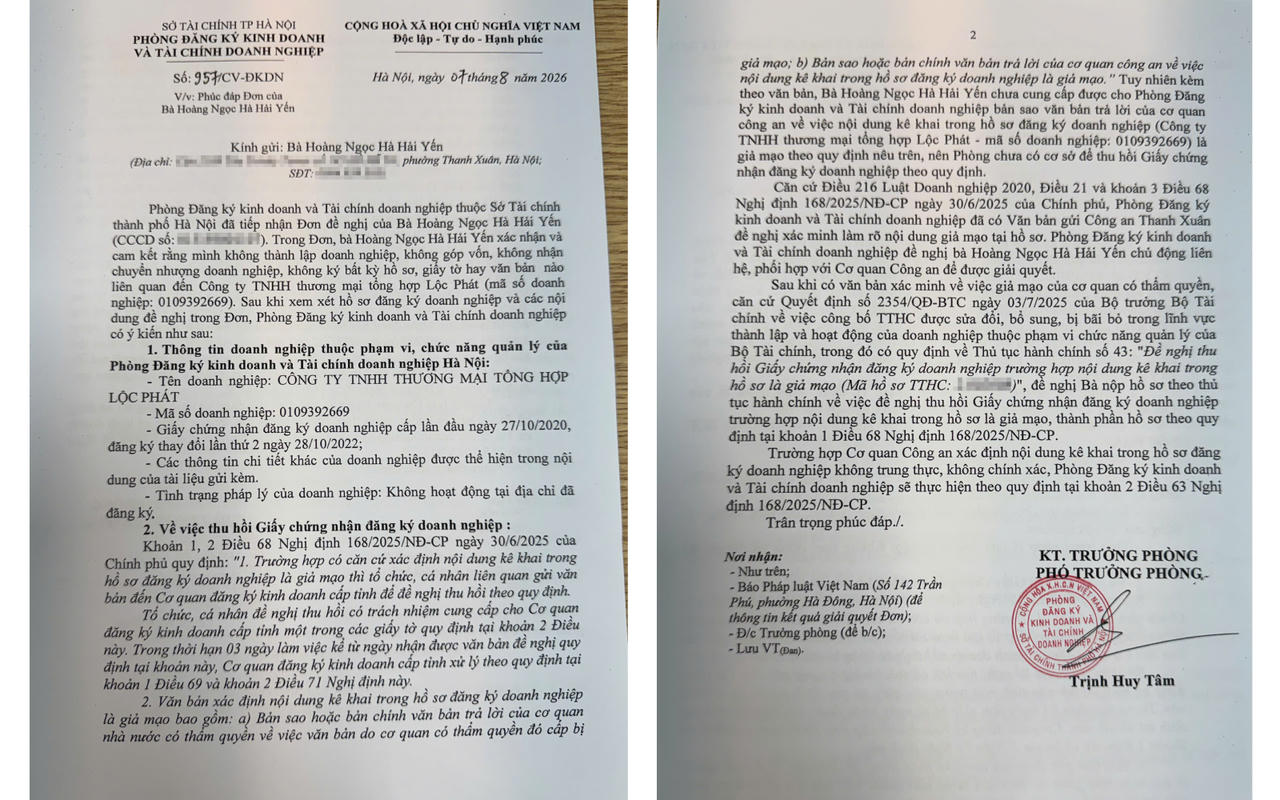 Công văn phúc đáp của Phòng Đăng ký kinh doanh và Tài chính doanh nghiệp (Sở Tài chính TP Hà Nội) gửi tới công dân Hoàng Ngọc Hà Hải Yến.