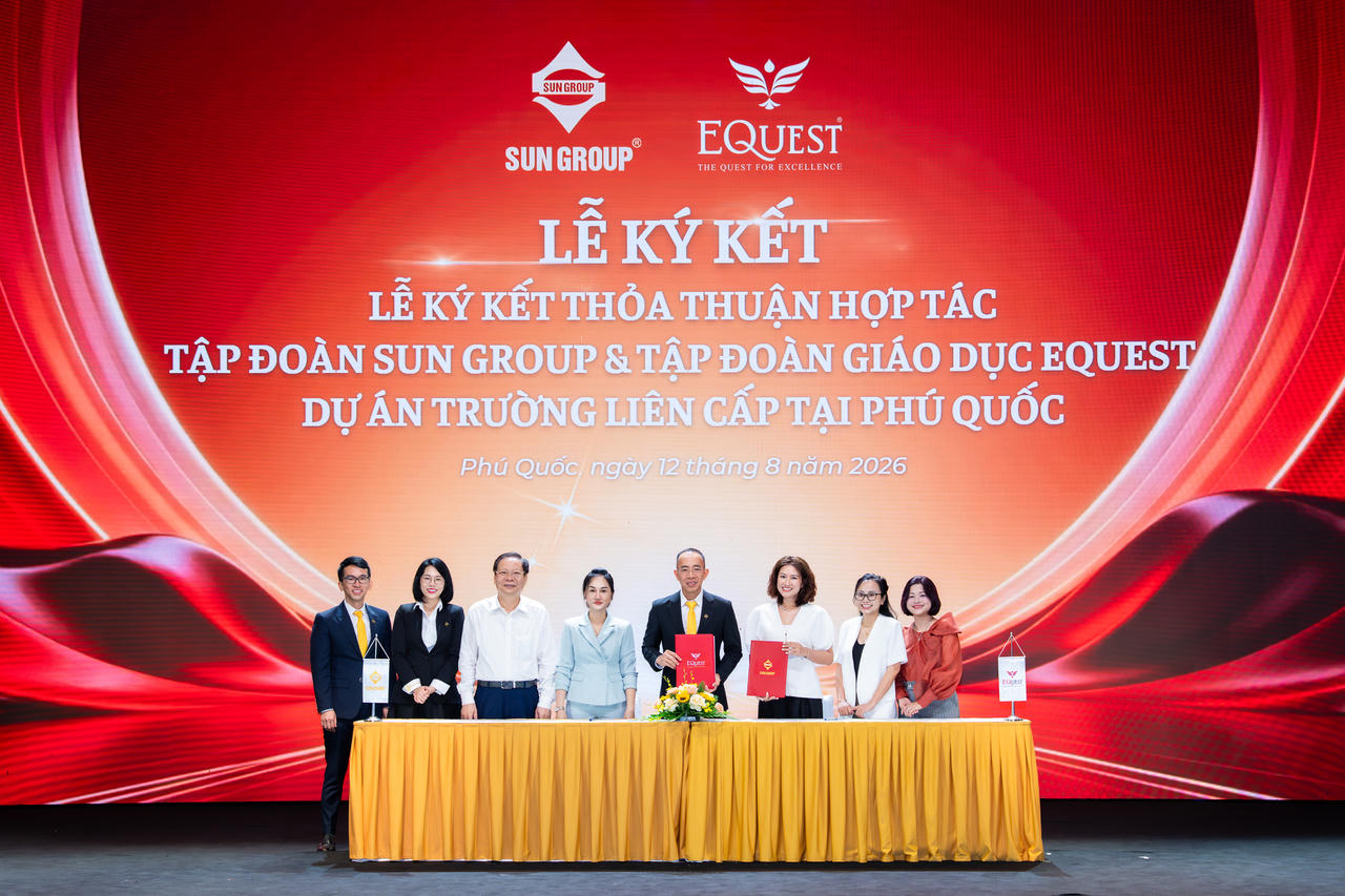 Lễ ký kết giữa Tập đoàn Sun Group và Tập đoàn Giáo dục EQuest về hợp tác phát triển hệ thống trường liên cấp tại Khu đô thị An Thới, Nam Phú Quốc. Ảnh: Sun Group