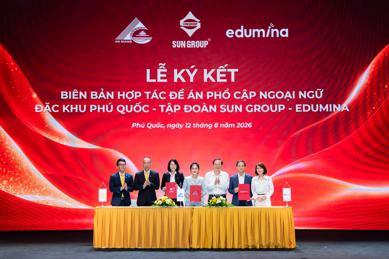 Đặc khu Phú Quốc và Sun Group ký biên bản ghi nhớ với EDUMINA để triển khai chương trình “Phú Quốc – Hello World”. Ảnh: Sun Group