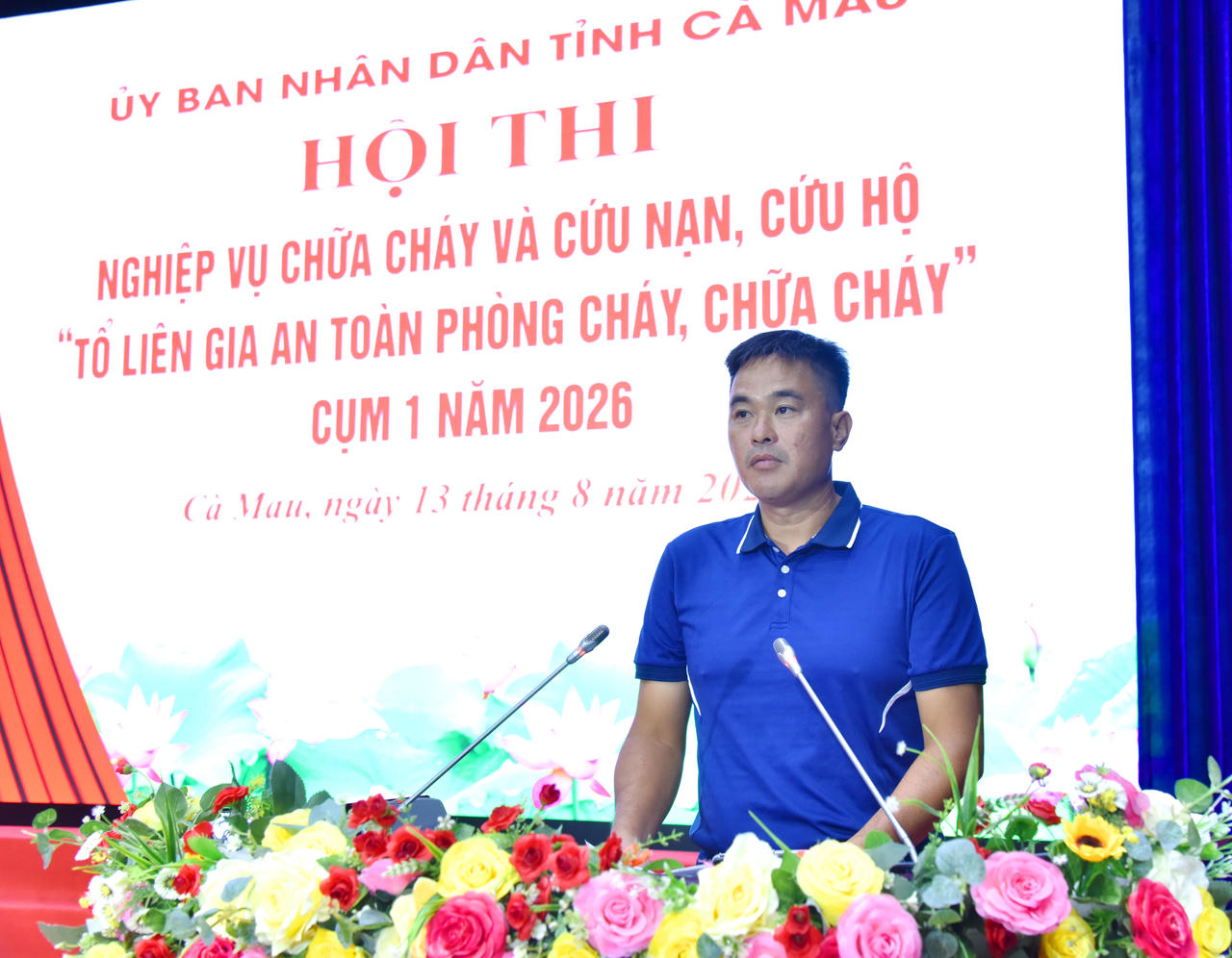 Đại diện VĐV, ông Trương Thanh Tùng, thành viên Tổ liên gia phường An Xuyên, phát biểu tại Hội thi (Ảnh: Hữu Đệ).