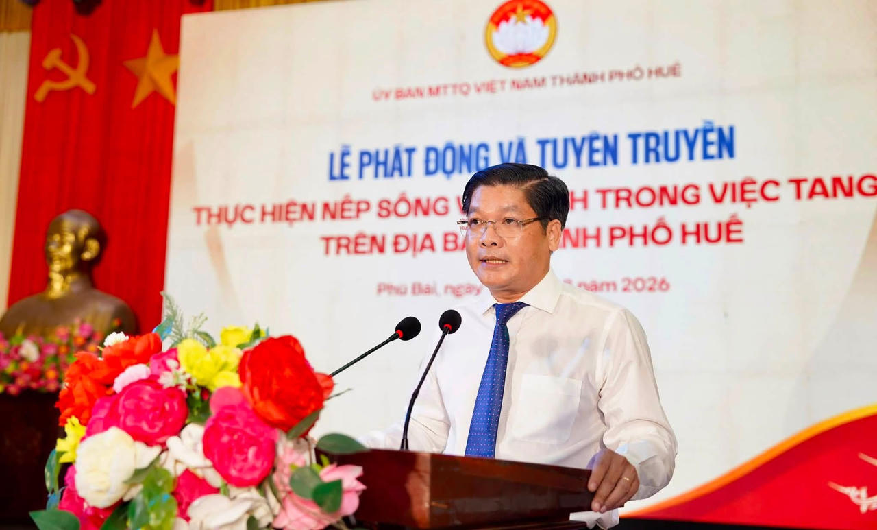 Ông Nguyễn Chí Tài, Phó Bí thư Thành ủy, Chủ tịch Ủy ban MTTQ Việt Nam thành phố Huế phát biểu tại lễ phát động. (Ảnh: UBND TP Huế)