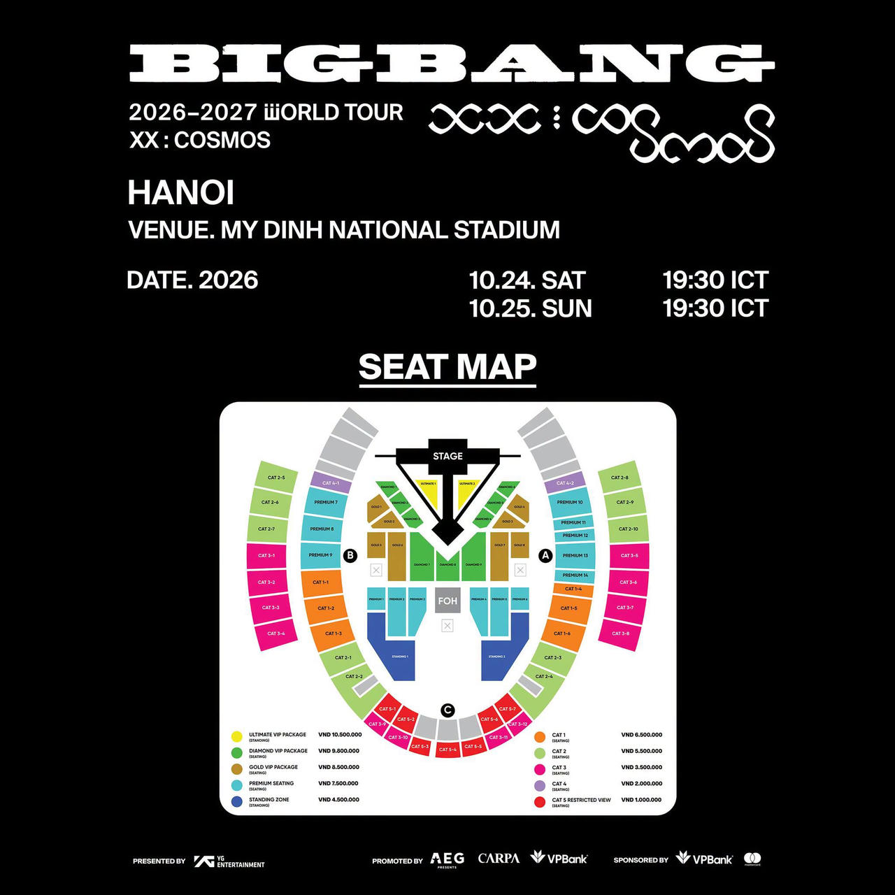 Sơ đồ chỗ ngồi và giá vé tại BIGBANG 2026-2027 WORLD TOUR < XX : COSMOS > IN HANOI. Ảnh: VPBank 