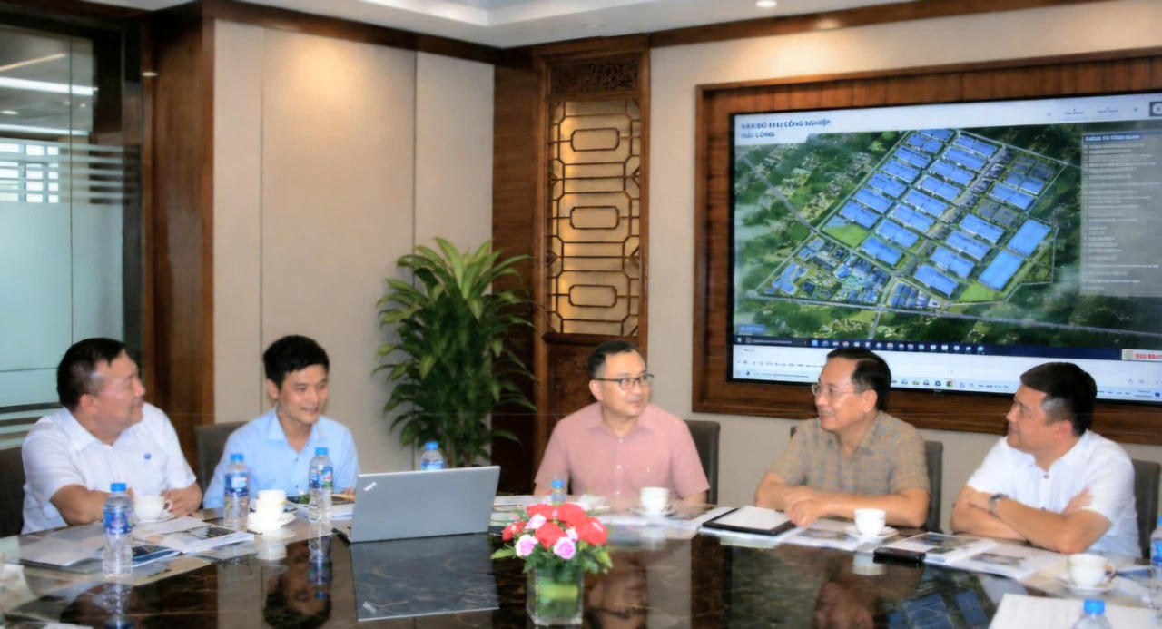 Ông Vũ Đức Giang (vị trí thứ 2 từ phải sang) trao đổi với đoàn Phương Đỉnh về định hướng hợp tác và điều kiện nghiên cứu đầu tư tại KCN Hải Long. (Ảnh: Khu CNBM)