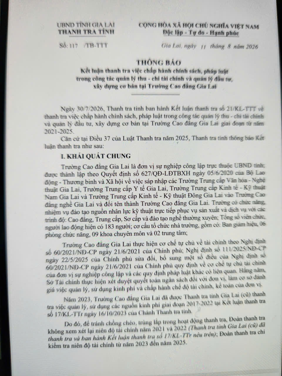 Thanh tra chỉ ra nhiều sai phạm tại Trường Cao đẳng Gia Lai