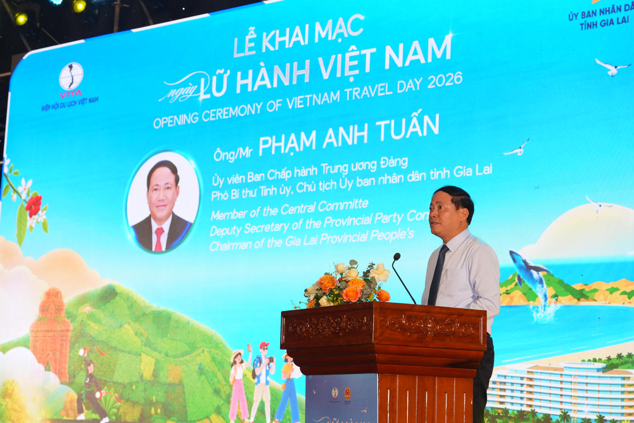 Chủ tịch UBND tỉnh Gia Lai Phạm Anh Tuấn tại Lễ khai mạc Ngày Lữ hành Việt Nam 2026. Ảnh: Ngọc Châu.
