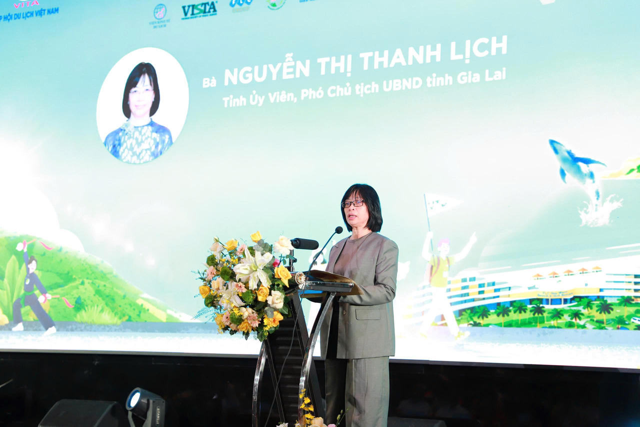 Bà Nguyễn Thị Thanh Lịch, Phó Chủ tịch UBND tỉnh Gia Lai phát biểu tại Diễn đàn. (Ảnh: Ngọc Châu)