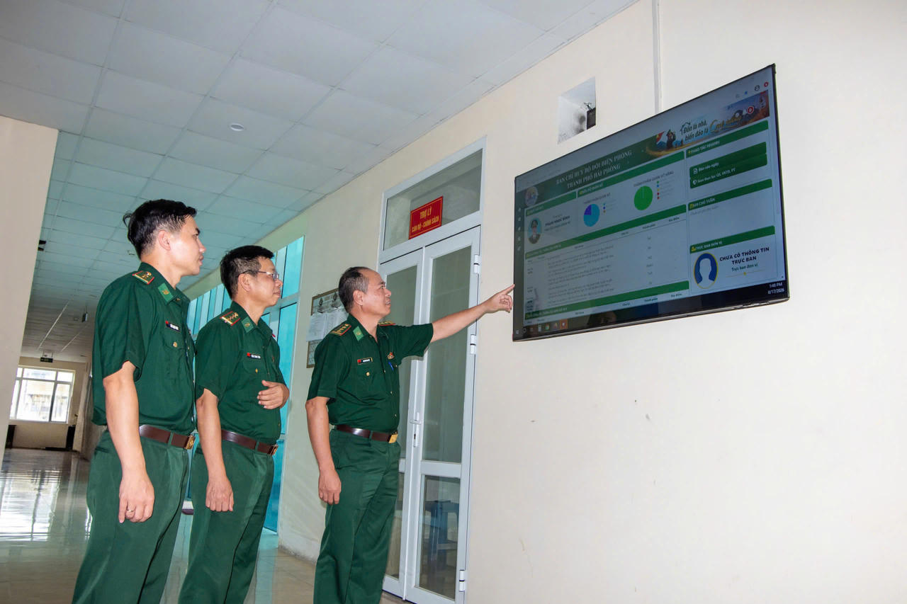 Cán bộ, chiến sĩ Bộ đội Biên phòng thành phố Hải Phòng theo dõi lịch công tác trên phần mềm “Chuyển đổi số trong quản lý, bảo vệ biên giới quốc gia và xây dựng đơn vị vững mạnh toàn diện”. (Ảnh: Nguyễn Khánh)